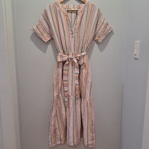 GAP Striped Belted Linen Midi Coastal Cottage Preppy Summer Dress Womens 4 Tall